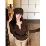 2025年11月18日入荷秋冬新作SAINT LAUREN*パッチワークレース偽の2枚のvネック長袖Tシャツ女性の秋の細身の腰にぴったりです